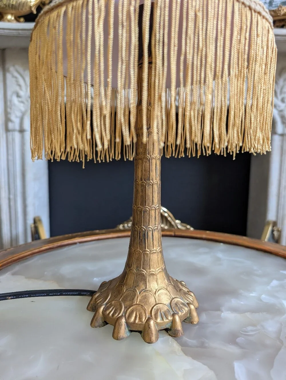 Vintage Mini Gold Ornate Boudoir Footed table lamp/ night light w/ floral Fringe